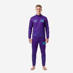 Men's geometric Royal Purple soccer tracksuit with Turquoise sublimated team logo and number, front view, full 2-piece set