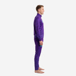 Side view of mens geometric purple soccer tracksuit showing tapered pant leg and stand collar full-zip jacket