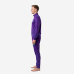 Right side view of custom geometric purple and turquoise soccer tracksuit showing ribbed ankle cuffs and outer thigh number