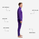 Side detail of tapered purple soccer tracksuit pants showing tone-on-tone geometric pattern and Turquoise player number on outer thigh