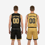 Back view of the gold side reversible basketball uniform showing player name and number placement on both jersey and shorts
