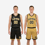 Side view of the gold reverse side reversible basketball shorts with black hem trim and matching topographic-contour pattern