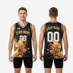 Size and specification chart for custom gold basketball jerseys showing youth and adult size run measurements for full roster ordering