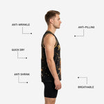 Back panel of black and gold basketball jersey showing full sublimation coverage, back number placement, and matching gold armhole binding trim