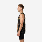 Side view of gold and black sublimated sleeveless basketball jersey showing bound armhole trim and gold splash wrapping around side panel