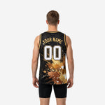 Opposite side view of custom gold basketball jersey displaying edge-to-edge splash sublimation and straight hem at tuck-in length