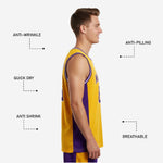 Back view of custom gold basketball jersey with purple side panels, white-edged binding on armholes, and back name and number print zones