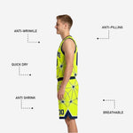 Back view of gold reversible basketball jersey showing navy player name and number on neon gold star-burst geometric pattern