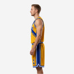 Custom sublimated gold basketball uniform side profile with blue side panel shorts