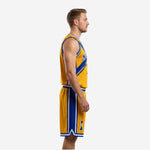 Gold and Royal Blue retro basketball uniform left side view showing mesh fabric