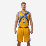 Custom Athletic Gold and Royal Blue bball uniform front view with X-cross design