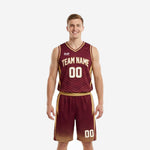 Custom burgundy basketball uniforms full set front and back view, maroon jersey with gold V-neck binding and lightning bolt side panels, matching shorts with halftone dot hem
