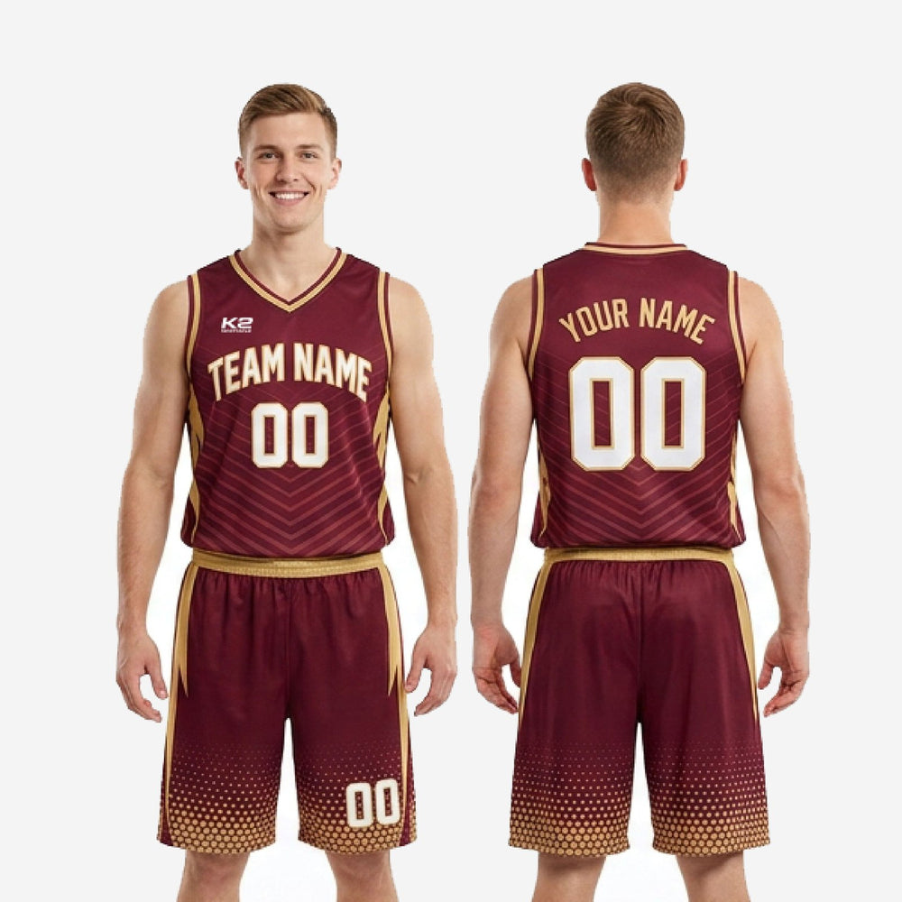 Gold Trim Custom Burgundy Basketball Uniforms - Maroon