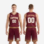 Size and specification chart for custom burgundy basketball uniforms, youth and adult sizing available for full roster orders