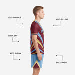 Shorts detail of powder blue custom soccer uniform shorts with maroon and gold chevron panels and player number on the thigh