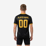 Back view of black custom mens soccer training jersey with Athletic Gold player name and large back number in full-dye sublimation
