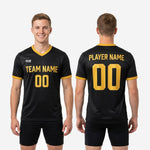 V-neck collar detail on black and Athletic Gold mens soccer training jersey showing contrast trim construction