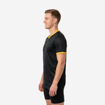 Side view of black mens soccer training jersey showing Athletic Gold V-neck collar trim and sleeve cuff trim detail