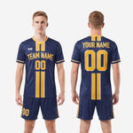 Matching navy blue shorts with twin athletic gold side stripes, part of custom soccer uniform kits for teams full two-piece set
