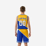 Back view of custom boys basketball uniforms in gold and royal blue showing back number and player name placement across upper back