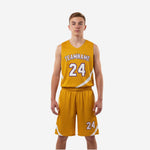 Gold youth basketball uniforms full set front and back showing team name arc, front number 24, and matching gold shorts with white wave panels