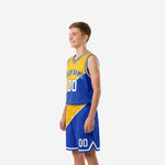 Opposite side view of youth gold basketball uniform set showing matching diagonal split on shorts and jersey side panels