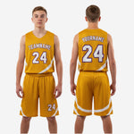 Youth basketball uniform size and spec sheet for gold and white fully sublimated jersey and shorts set