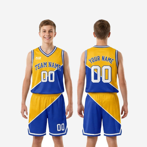 Size and specification sheet for gold youth basketball uniform set showing available youth sizes across the full roster