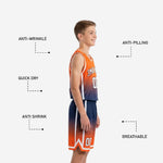 Size and specification chart for gradient fade orange youth basketball uniforms available in full youth sizes for team and league orders