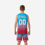 Back view of youth teal basketball jersey and shorts showing back name and number placement on the gradient sublimated set