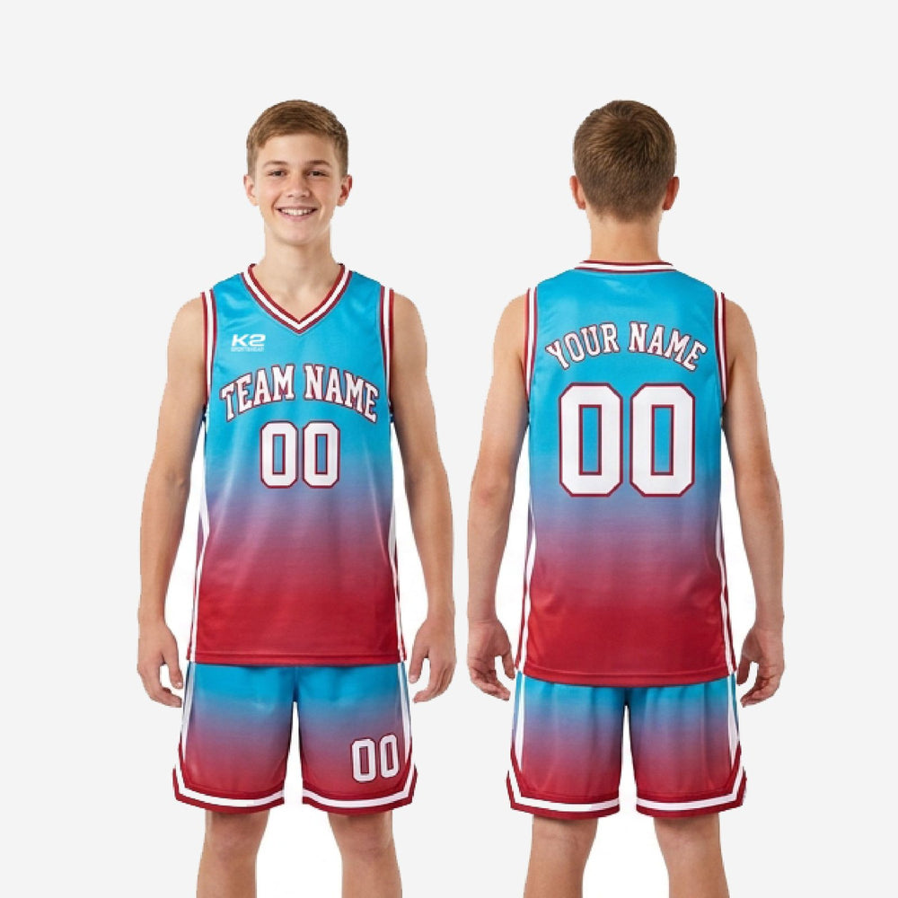 Gradient Fade Custom Teal Youth Basketball Uniforms - Red Set