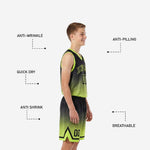 Back view of custom youth basketball uniform set in black and neon lime gradient showing back number and name placement on jersey