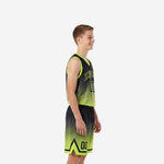 Front view of custom youth basketball uniform set in black and lime gradient with arced team name and number 00 on jersey chest