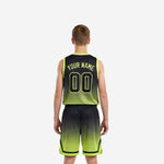 Opposite side view of youth basketball uniform set in black to lime sublimated gradient with matching shorts and drawcord waistband