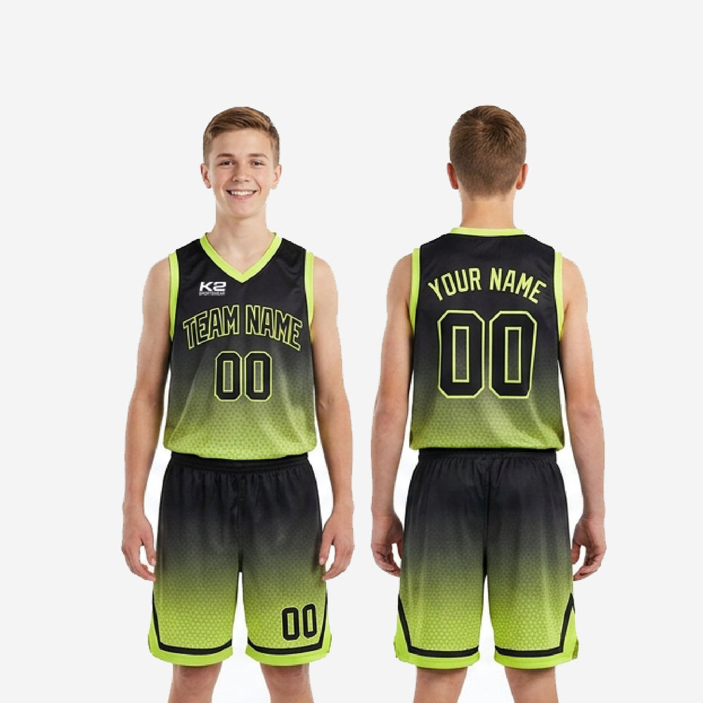 Gradient Fade Youth Basketball Uniform Sets in Custom Black and Lime