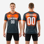 Back view of graphite and orange gradient mens soccer training top showing player surname and number print zones