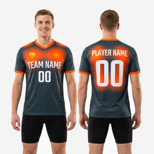 Back view of graphite and orange gradient mens soccer training top showing player surname and number print zones