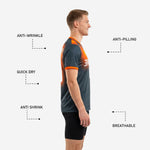 Close detail of V-neck collar and orange trim on custom sublimated mens soccer training top