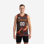 Custom gray and orange basketball jersey with lava-crack sublimation print, team name arced across the chest and number 00 on the front panel