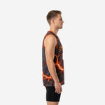 Men's gray and orange basketball jersey front view showing orange lava fracture pattern and V-neck with contrast orange binding