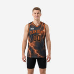 Gray and orange basketball jersey with full-body lightning graphic, orange V-neck binding, and arced team name on charcoal polyester - front view