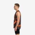 Side view of gray and orange lava basketball jersey showing sleeveless armhole binding, straight hem, and side vent at lower panel