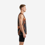 Side view of charcoal gray and orange sublimated basketball jersey showing athletic cut, armhole binding, and lightning pattern wrapping around the torso
