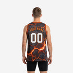 Reverse side view of orange and charcoal gray sublimated basketball jersey showing full-panel lava-crack design continuity