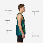Back view of custom green and gold basketball jersey showing back player number and name placement on solid teal with gold binding