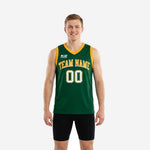 Green and gold basketball jerseys front and back view showing arced team name in gold with white outline and sublimated front and back numbers on a forest green body