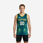 Custom green and gold basketball jerseys with peacock feather panel print, gold V-neck binding, and arched team name on teal base - front and back view