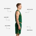Detail view of green and gold basketball shorts showing elastic gold waistband, drawcord, player number 00, and gold V-notch hem trim