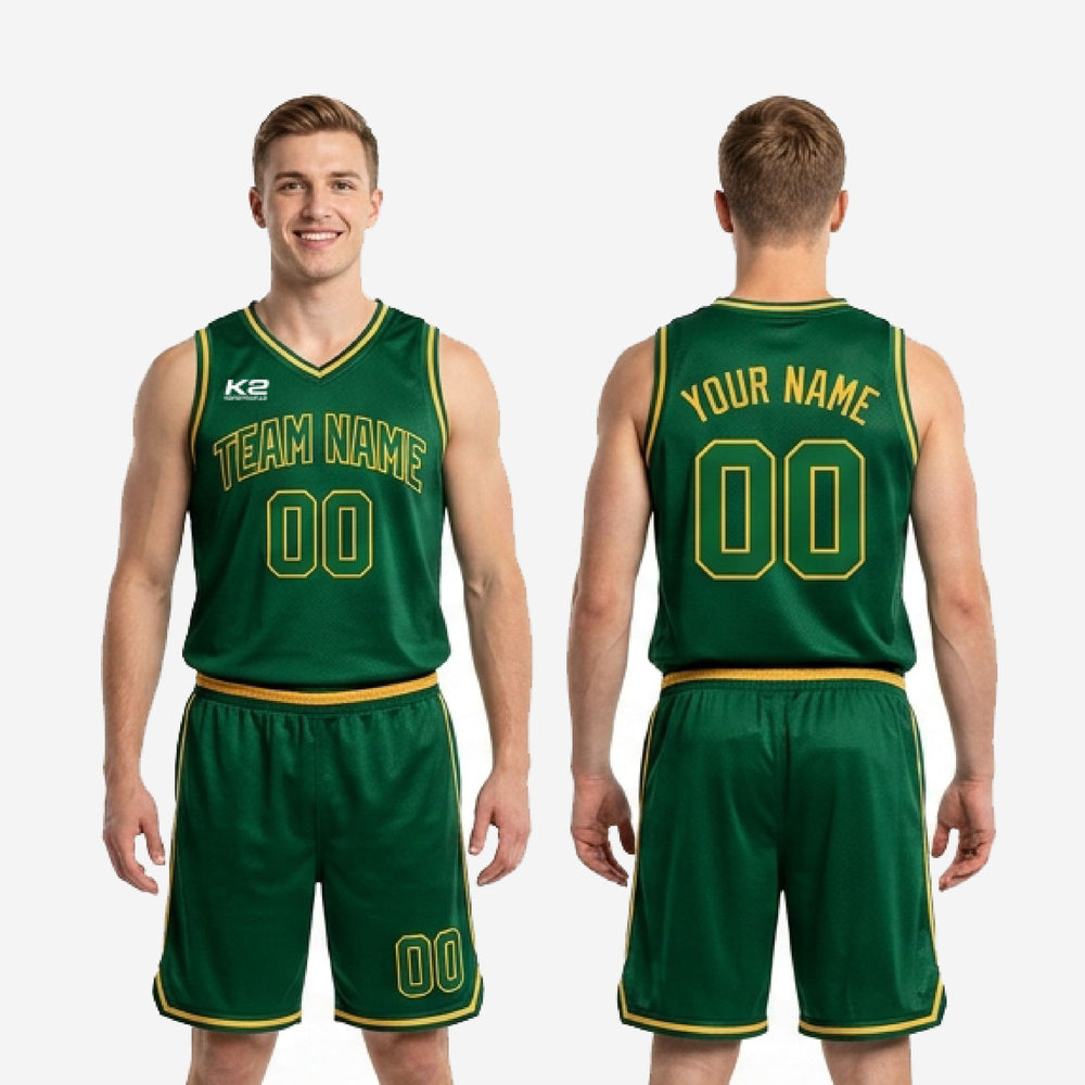Custom Green and Gold Basketball Uniforms - Team Name and Numbers