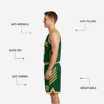 Back view of the green and gold reversible basketball jersey showing player name above back number and matching shorts with reverse side coloring